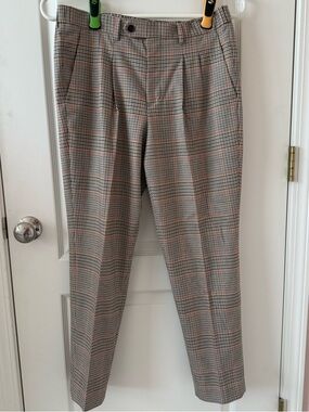 Express Men's Plaid Dress Pants in Beige with Red Windowpane